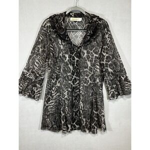 Animal Print Cardigan Womens Large button‎ Up Gray Mesh Whymsigoth Grunge